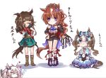  4girls animal_ears ankle_boots black_mask boots bow brown_hair chibi commentary_request ear_bow epoca_d&#039;oro_(racehorse) flower genderswap genderswap_(mtf) glowstick grejpfrut_cvet hair_bow hair_flower hair_ornament high_ponytail highres horse_ears horse_girl horse_tail knee_boots lolita_fashion long_hair lucky_lilac_(racehorse) mask melody_lane_(racehorse) mouth_mask multicolored_hair multiple_girls orfevre_(umamusume) original personification sitting sketch stuffed_animal stuffed_bunny stuffed_toy tail translated two-tone_hair umamusume wavy_hair white_hair white_mask 