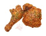  baoko chicken_(food) chives food food_focus fried_chicken highres no_humans original sauce sesame_seeds simple_background still_life twitter_username white_background 