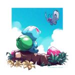  border bright_pupils bulbasaur butterfree claws cloud day from_below highres kelvin-trainerk no_humans outdoors pokemon pokemon_(creature) red_eyes sitting sky twitter_username white_border white_pupils 