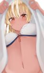  1girl absurdres ayama_nano bangs blonde_hair blurry blurry_foreground blush bra breasts closed_mouth clothes_lift commentary_request eyebrows_visible_through_hair flower_knot from_below hair_between_eyes highres hololive lifted_by_self long_hair looking_at_viewer looking_down medium_breasts multicolored_hair navel red_eyes shiranui_flare shirt shirt_lift smile solo stomach streaked_hair underwear upper_body upshirt virtual_youtuber white_bra white_hair white_shirt 
