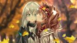  2girls angelina_(arknights) animal_ears aqua_eyes arknights autumn_leaves bangs black_coat blurry blurry_background bright_pupils brown_gloves brown_hair closed_eyes coat collar commentary_request depth_of_field doctor_(arknights) eyebrows_visible_through_hair falling_leaves female_doctor_(arknights) fox_ears gloves hairband hand_on_own_chest highres infection_monitor_(arknights) kiss kissing_cheek leaf long_hair long_wuxian looking_at_viewer motion_blur multiple_girls open_clothes open_coat parted_lips profile silver_hair twintails two-tone_hairband upper_body white_coat wide-eyed yuri 