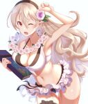  1girl ;d alternate_costume bangs bikini bikini_skirt black_bikini black_bow black_hairband book bow breasts cleavage collarbone corrin_(fire_emblem) corrin_(fire_emblem)_(female) cowboy_shot fire_emblem fire_emblem_fates fire_emblem_heroes floating_hair flower hair_between_eyes hair_flower hair_ornament hairband holding karashino large_breasts long_hair looking_at_viewer navel official_alternate_costume one_eye_closed open_mouth pointy_ears red_eyes shiny shiny_hair shiny_skin silver_hair smile solo standing swimsuit thigh_gap two-tone_bikini very_long_hair white_bikini white_flower white_swimsuit 