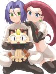  1boy 1girl blue_eyes blue_hair crop_top earrings green_eyes highres james_(pokemon) jessie_(pokemon) jewelry meowth nintendo_switch pokemon pokemon_(anime) pokemon_(creature) red_hair tsukino_mi 