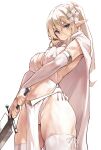  1girl armlet bangs blonde_hair blue_eyes blush breasts bridal_gauntlets cape commentary_request detached_sleeves elf flower hair_flower hair_ornament halter_top halterneck highres kekemotsu large_breasts long_hair looking_at_viewer original pelvic_curtain pointy_ears ponytail revealing_clothes solo sword thighhighs thighs weapon white_cape white_legwear 