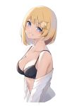  1girl absurdres bare_shoulders black_bra blonde_hair blue_eyes bra breasts cleavage collarbone cropped_torso from_side grin hair_ornament head_tilt highres hololive hololive_english lace-trimmed_bra lace_trim looking_at_viewer medium_breasts monocle_hair_ornament off_shoulder open_clothes open_shirt shirt short_hair simple_background smile solo spaghetti_strap strap_gap underwear virtual_youtuber watson_amelia white_background white_shirt ziro_(zirorong) 