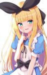  1girl :d apron bangs baram black_bow black_ribbon blonde_hair blue_dress blunt_bangs blush bow collared_dress commentary_request dress eyebrows_visible_through_hair green_eyes hair_ribbon hand_up head_tilt highres index_finger_raised long_hair looking_at_viewer mononobe_alice multicolored_hair nijisanji puffy_short_sleeves puffy_sleeves purple_hair ribbon short_sleeves simple_background smile solo two-tone_hair very_long_hair virtual_youtuber white_apron white_background 