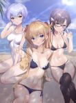  3girls @shun ayanami_rei bikini blue_eyes blush frilled_bikini frills glasses highres interface_headset jacket long_hair makinami_mari_illustrious multiple_girls neon_genesis_evangelion rebuild_of_evangelion red_eyes short_hair side-tie_bikini souryuu_asuka_langley swimsuit thighhighs two_side_up 