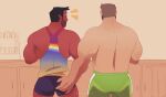 2boys ass_grab back bara beard blue_shorts blue_tank_top brown_hair colored_skin couple demon_boy demon_horns dishes english_commentary facial_hair from_behind grabbing_another&#039;s_ass green_shorts groping horns interspecies lgbt_pride male_focus multiple_boys muscular muscular_male original rainbow_gradient red_skin short_hair short_shorts shorts sideburns skitsoepic tank_top topless_male washing wet wiping_hands yaoi 