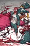  1girl 3boys artist_name bangs blood blood_on_clothes carnage_(marvel) clenched_hand corpse crossover english_commentary green_jacket highres in-hyuk_lee jacket long_tongue looking_up marvel multiple_boys open_mouth red_jumpsuit scream_(marvel) shirt spider-man spider-man_(series) squid_game superhero tongue track_jacket venom_(marvel) web_address white_shirt 