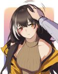  1girl 3_small_spiders :o absurdres bangs bare_shoulders black_hair blush breasts brown_sweater_vest collarbone eyebrows_visible_through_hair girls&#039;_frontline headpat heterochromia highres jacket long_hair looking_at_viewer low_twintails medium_breasts mod3_(girls&#039;_frontline) multicolored_hair open_clothes open_jacket open_mouth red_eyes ro635_(girls&#039;_frontline) simple_background solo sweater_vest twintails upper_body yellow_eyes yellow_jacket 