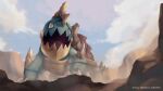 black_eyes claws cloud commentary day drednaw english_commentary from_below highres kelvin-trainerk looking_down no_humans open_mouth outdoors pokemon pokemon_(creature) sky solo tongue twitter_username 