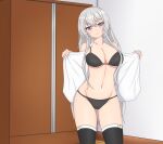  1girl absurdres azur_lane black_bra black_legwear black_panties bra breasts cleavage closed_mouth collarbone enterprise_(azur_lane) eyebrows_visible_through_hair feet_out_of_frame fnzz highres large_breasts long_hair looking_at_viewer navel open_clothes open_shirt panties purple_eyes shirt silver_hair simple_background smile solo standing thighhighs underwear white_shirt 
