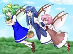  3girls bag basket blue_dress blue_eyes blue_hair blush bobby_socks bow bowtie brown_dress daiyousei daiyousei_mob_(touhou) dress fairy_wings flower green_eyes green_hair groceries grocery_bag hair_bow hair_flower hair_ornament highres holding_hands interlocked_fingers layered_dress loafers long_hair mary_janes multiple_girls pink_eyes pink_hair shoes shopping_bag short_hair short_sleeves side_ponytail skirt skirt_set socks touhou vest wings xiaolong_(touhoufuhai) 