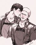  2boys artist_name bertolt_hoover chest_belt closed_mouth couple cropped_jacket ekit70 eye_contact highres jacket leather leather_jacket looking_at_another male_focus multiple_boys open_mouth paradis_military_uniform reiner_braun shingeki_no_kyojin short_hair smile upper_body yaoi 