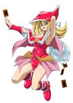  1girl adapted_costume armpits bag bare_shoulders blonde_hair blush_stickers boots breasts card dark_magician_girl full_body fur_trim green_eyes hair_between_eyes hat heart highres holding holding_bag holding_card long_hair open_mouth red_footwear red_headwear santa_hat sideboob simple_background smile solo straw_(yokubou_hiroba) white_background yu-gi-oh! yu-gi-oh!_duel_monsters 