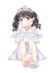  1girl angel_wings bare_legs barefoot black_hair commentary_request dress flower_wreath fukumaru_koito full_body idolmaster idolmaster_shiny_colors jewelry knees_up long_hair looking_at_viewer necklace purple_eyes sitting soles solo twintails white_background white_dress wings youdie 