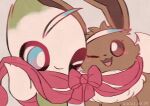  blue_eyes blush_stickers bright_pupils brown_eyes celebi closed_mouth commentary_request dated eevee highres leels no_humans one_eye_closed open_mouth pokemon pokemon_(creature) ribbon smile tongue white_pupils 