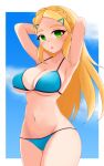  1girl :o armpits arms_up ayatori_(aytr) bikini blonde_hair blue_bikini blue_sky blush border braid breasts cleavage commentary_request cowboy_shot crown_braid day forehead green_eyes halterneck highres large_breasts long_hair looking_at_viewer navel open_mouth outdoors outside_border pointy_ears princess_zelda revision sidelocks skindentation sky solo stomach string_bikini swimsuit the_legend_of_zelda the_legend_of_zelda:_breath_of_the_wild white_border 