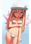  1girl ass_visible_through_thighs bikini blonde_hair blue_eyes breasts fairy fairy_wings groin hat highleg highleg_bikini huxiao_(mistlakefront) lily_white long_hair navel open_mouth small_breasts solo swimsuit thigh_gap thighs touhou wet wet_clothes white_bikini white_headwear wings 