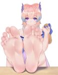  1girl bangs barefoot blue_eyes blue_horns blunt_bangs eyebrows_visible_through_hair feet feet_on_table feet_up foot_focus genshin_impact highres holding holding_shoes horns multicolored_hair pink_hair sandals sangonomiya_kokomi shoes shoes_removed smile soles thick_eyebrows toes wd_(1106592840) 