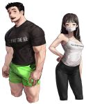  1boy 1girl bangs biceps black_hair black_pants black_shirt blush bulge camisole clothes_writing commentary_request cropped_legs english_commentary english_text facial_hair goatee green_shorts grey_eyes highres korean_commentary large_pectorals long_hair long_sideburns looking_at_viewer making-of_available mask mixed-language_commentary mouth_mask muscular muscular_male open_mouth original pants pectorals print_shirt rinotuna shirt short_hair short_sleeves shorts side_slit side_slit_shorts sideburns simple_background surgical_mask taut_clothes taut_shirt text_print thick_thighs thighs veins white_background white_camisole white_mask 