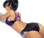  1girl ass back bangs black_buruma black_hair bra brown_hair buruma cafe_au_lait_(kafeore) hair_between_eyes highres looking_at_viewer looking_back lying midriff on_stomach original purple_bra short_hair skindentation solo sports_bikini sports_bra sportswear sweat track_and_field underwear 