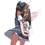  1girl arms_behind_back bangs black_hair blue_dress blunt_bangs bow brown_eyes commentary_request dress fairy fairy_wings from_behind hair_bow highres huxiao_(mistlakefront) long_hair looking_back own_hands_together ribbon simple_background smile solo star_sapphire thighs touhou white_background wings 