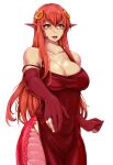  1girl absurdres bare_shoulders breasts cleavage collarbone commission commissioner_upload cowboy_shot curtains dress elbow_gloves fingernails gloves hair_between_eyes hair_ornament highres indoors lamia large_breasts lipstick long_hair makeup miia_(monster_musume) monster_girl monster_musume_no_iru_nichijou pointy_ears red_hair scales scribblesquab shiny shiny_hair shiny_skin sidelocks slit_pupils solo yellow_eyes 