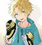  1boy bangs blonde_hair ear_piercing green_eyes highres holding holding_shoes jewelry long_sleeves looking_at_viewer male_focus necklace original piercing pillow_(nutsfool) shoes simple_background sneakers solo spiked_hair tongue tongue_out upper_body 