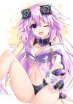  1girl ;d adult_neptune arm_support bangs bare_shoulders bikini binato_lulu black_bikini blush breasts cleavage commentary cover-up cowboy_shot eyebrows_visible_through_hair fingerless_gloves gloves hair_between_eyes hair_ornament highres jacket large_breasts leg_up long_hair looking_at_viewer midriff navel neptune_(series) off_shoulder one_eye_closed open_mouth pink_hair purple_eyes purple_hair see-through see-through_jacket sidelocks signature sitting smile solo swimsuit white_background 