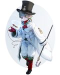  1boy ascot black_footwear black_headwear blue_eyes chain coat full_body grey_hair hat hat_belt highres long_sleeves male_focus monocle original pants pocket_watch red_ascot red_mittens rinotuna shoes short_hair smiley_face solo staff top_hat watch white_coat white_pants 