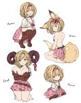  1girl alternate_race animal_ears bare_back bare_shoulders barefoot belt blonde_hair blush boots breast_hold breasts brown_eyes brown_footwear brown_gloves commentary_request covering covering_breasts djeeta_(granblue_fantasy) draph erune frills gloves granblue_fantasy hairband hands_on_own_knees harvin heart highres horns kneeling large_breasts looking_at_viewer looking_back medium_breasts mocchi_(user_53239645) open_mouth pink_hairband pointy_ears short_hair sideboob sitting sitting_on_tail small_breasts smile squatting tail thigh_boots thighhighs wavy_mouth white_background 