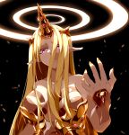  1girl armor blonde_hair bracelet breasts circlet collarbone commentary_request fingernails glowing glowing_eyes gold hair_over_one_eye halo hayabusa_aoi highres horns jewelry large_breasts long_hair looking_at_viewer nail_polish original pointy_ears purple_eyes sharp_fingernails signature single_horn solo very_long_hair 