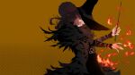  1girl black_hair blue_eyes brown_background dark_souls_(series) demon&#039;s_souls fire hat highres long_hair long_sleeves looking_at_viewer magic simple_background wand witch witch_hat yuria_the_witch zebes 