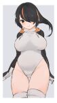  1girl alenka black_hair black_hoodie blonde_hair blush breasts cowboy_shot drawstring emperor_penguin_(kemono_friends) eyebrows_visible_through_hair hair_over_one_eye headphones highleg highleg_leotard highres hood hood_down hoodie kemono_friends large_breasts leotard long_sleeves mittens multicolored_hair orange_hair short_hair solo thigh_gap thighhighs white_hair white_legwear white_leotard 