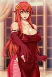  1girl absurdres bare_shoulders blurry blurry_background breasts cleavage collarbone commission commissioner_upload cowboy_shot curtains dress elbow_gloves fingernails gloves hair_between_eyes hair_ornament highres indoors lamia large_breasts lipstick long_hair makeup miia_(monster_musume) monster_girl monster_musume_no_iru_nichijou pointy_ears red_hair scales scribblesquab shiny shiny_hair shiny_skin sidelocks slit_pupils solo yellow_eyes 