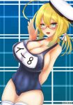  1girl ahoge blonde_hair blue_background blue_eyes breasts cleavage commentary_request daichi_(daiti1318) glasses hat highres i-8_(kancolle) kantai_collection large_breasts low_twintails name_tag peaked_cap sailor_hat school_swimsuit solo swimsuit thighhighs twintails white_headwear white_legwear 