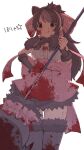  1girl :q absurdres alenka animal_ears back_bow backlighting bangs bear_ears bear_girl bear_paw_hammer bergman&#039;s_bear_(kemono_friends) black_eyes black_hair blood blood_on_clothes blood_on_face blood_on_hands blood_on_weapon blood_splatter bow bowtie bracer center_frills closed_mouth empty_eyes extra_ears eyebrows_visible_through_hair feet_out_of_frame frills fur_trim hair_bow hand_on_hip hand_up highres holding holding_weapon huge_bow kemono_friends licking_lips long_hair looking_down shirt sidelocks simple_background skirt smile solo swept_bangs thighhighs tongue tongue_out weapon white_background zettai_ryouiki 