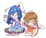  2girls animal_ears arm_up arrow_(symbol) bangs barefoot blonde_hair blue_dress blue_eyes blue_hair brown_headwear commentary_request crescent crescent_print dango dress eating eyebrows_visible_through_hair eyes_visible_through_hair food hand_up hands_up hat lana151 looking_at_another medium_hair multicolored_eyes multiple_girls numbered one_eye_closed orange_eyes orange_shirt puffy_short_sleeves puffy_sleeves rabbit_ears red_eyes ringo_(touhou) seiran_(touhou) seiza shirt short_hair short_sleeves short_twintails shorts simple_background sitting socks star_(symbol) star_print striped striped_shorts t-shirt touhou twintails wagashi white_background white_eyes white_legwear white_shorts yellow_shorts 