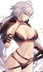  1girl absurdres ahoge bangs bikini black_bikini black_choker black_gloves blush breasts choker cleavage collarbone cowboy_shot fate/grand_order fate_(series) gloves hair_between_eyes hand_on_weapon highres jeanne_d&#039;arc_(alter_swimsuit_berserker)_(fate) jeanne_d&#039;arc_(fate) large_breasts long_hair looking_to_the_side navel oserotto parted_lips profile sheath sheathed simple_background solo swimsuit sword weapon white_background yellow_eyes 