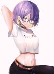  1girl absurdres arm_behind_head arm_up bangs black_choker black_pants blonde_hair breasts choker colored_inner_hair commentary crop_top earrings eyebrows_visible_through_hair glasses highres hololive hololive_indonesia jewelry looking_at_viewer maru_ccy moona_hoshinova multicolored_hair navel pants purple_eyes purple_hair shirt short_hair short_sleeves simple_background sitting solo stomach virtual_youtuber white_background white_shirt 