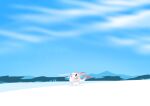  breath bright_pupils cloud commentary_request day from_side highres hisuian_zorua looking_up neko_gokoro no_humans outdoors pokemon pokemon_(creature) red_eyes sky snow solo standing white_pupils 