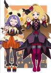 2girls acerola_(pokemon) bangs bare_shoulders bead_bracelet beads black_gloves blonde_hair boots bracelet caitlin_(pokemon) capelet closed_eyes detached_sleeves eyebrows_visible_through_hair eyelashes facing_viewer flipped_hair gloves hair_ornament hands_up highres hood hooded_capelet jewelry kohatsuka legwear_under_shorts long_hair looking_at_viewer multiple_girls official_alternate_costume open_mouth orange_bracelet orange_shorts outline pantyhose parted_bangs pokemon pokemon_(game) pokemon_masters_ex purple_hair shoes shorts single_glove standing striped striped_shorts themed_object thigh_boots thighhighs tongue vertical-striped_shorts vertical_stripes waist_cape 