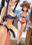  2girls beach bikini black_bikini black_hair blue_eyes blurry brown_eyes brown_hair commentary_request cowboy_shot day depth_of_field door dutch_angle full_body hanamasa_ono hat highres idolmaster idolmaster_million_live! idolmaster_million_live!_theater_days kasuga_mirai long_hair looking_at_viewer mogami_shizuka multiple_girls ponytail red_bikini sandals short_hair solo_focus striped striped_bikini swimsuit 