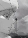  1boy 1girl climbing cloud eyelashes face from_side fur_hat giant giantess greyscale hat hill malshi_edroad melony_(pokemon) monochrome on_nose outdoors parted_lips pokemon pokemon_(game) pokemon_swsh scarf sky tearing_up 