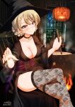  1girl aquaegg black_choker blonde_hair blue_eyes blush braid breasts choker cleavage closed_mouth collarbone commentary_request darjeeling_(girls_und_panzer) eyebrows_visible_through_hair fishnet_legwear fishnets french_braid girls_und_panzer halloween halloween_costume hat highres kettle large_breasts looking_at_viewer night night_sky shiny shiny_hair shiny_skin sitting sky smile solo star_(sky) starry_sky thighhighs witch witch_hat 