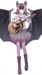  1girl absurdres acoustic_guitar alenka animal_ears bangs bat_ears bat_girl bat_wings black_hair boots common_vampire_bat_(kemono_friends) frilled_skirt frilled_sleeves frills full_body grey_skirt guitar headdress highres instrument kemono_friends long_sleeves multicolored_clothes multicolored_hair multicolored_skirt neckerchief pantyhose pleated_skirt purple_eyes purple_footwear purple_hair purple_legwear purple_neckerchief purple_skirt sailor_collar school_uniform serafuku shirt short_hair simple_background skirt solo white_background white_hair white_shirt wings 