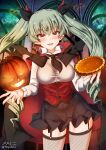  1girl anchovy_(girls_und_panzer) anzio_school_uniform aquaegg ass_visible_through_thighs bat black_skirt blush breasts cape commentary_request drill_hair eyebrows_visible_through_hair fang fishnet_legwear fishnets garter_straps girls_und_panzer green_hair hair_ornament hair_ribbon halloween halloween_costume highres jack-o&#039;-lantern large_breasts long_hair looking_at_viewer microskirt necktie open_mouth pleated_skirt pumpkin red_eyes ribbon school_uniform shiny shiny_hair skirt sky smile solo star_(sky) starry_sky thighhighs twin_drills twintails vampire_costume 