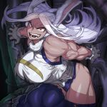  1girl animal_ears bangs biceps boku_no_hero_academia breasts crescent_print dark-skinned_female dark_skin gloves highres kugara4423 large_breasts leotard long_eyelashes long_hair looking_at_viewer mirko muscular muscular_female rabbit_ears rabbit_girl rabbit_tail red_eyes solo superhero tail tail_through_clothes taut_leotard thick_thighs thighhighs thighs toned white_gloves white_hair white_leotard 