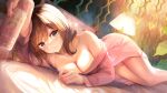  1girl bangs bed bed_sheet blush breasts brown_hair can cleavage commentary_request eyebrows_visible_through_hair green_eyes highres holding holding_can indoors lamp large_breasts looking_at_viewer lying maeshimashi official_art on_bed original pink_robe robe short_hair smile soda_can solo 